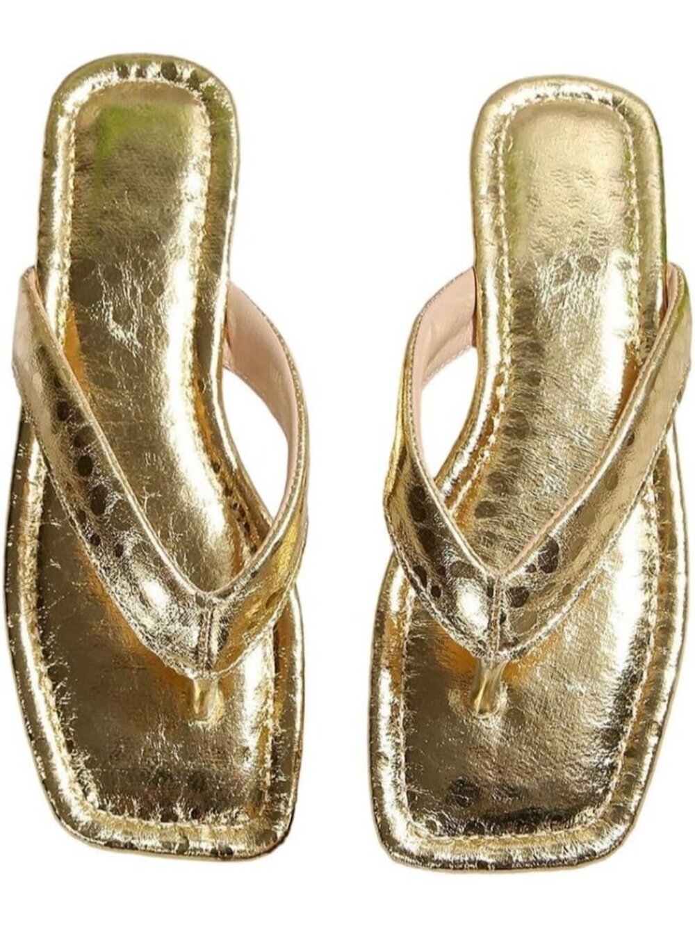 Women's Solid Gold Rubber Summer Metallic Square Toe Thong Vacation Flat Sandals